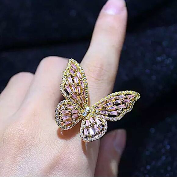 Gold 18K GP Resizable Butterfly Diamond Ring - Picture 1 of 11
